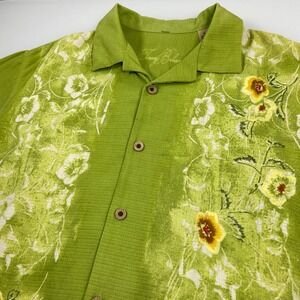 Tommy Bahama Mens M Green Silk Floral Camp Shirt Embroidered Hawaiian Tropical